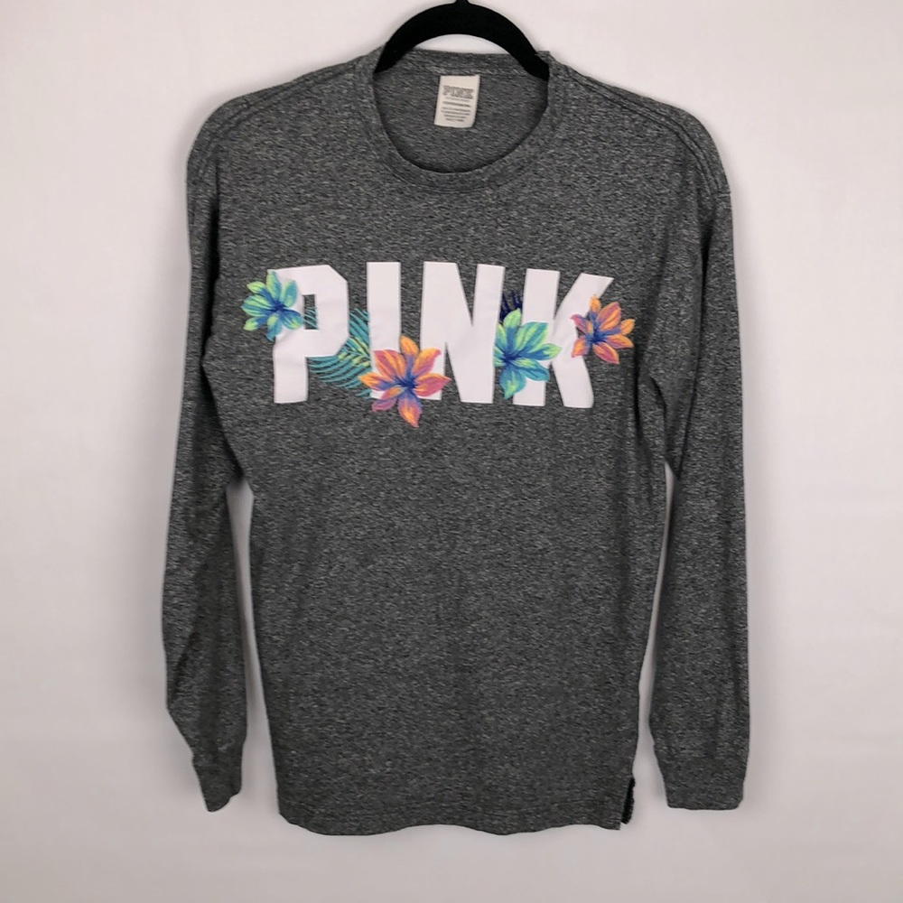 PINK Victoria's Secret Long Sleeve gray shirt w embroidery Size XS 100% cotton